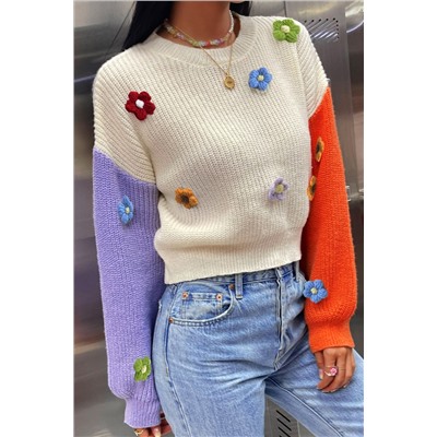 Multicolour Flower Applique Colorblock Drop Shoulder Sweater