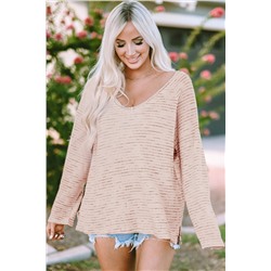 Pink Waffled Knit Long Sleeve V-Neck Frayed Top