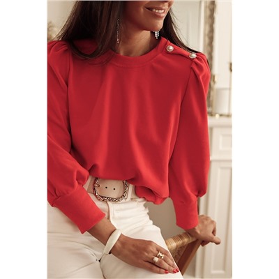 Red Button Tab Detail Long Sleeve Top