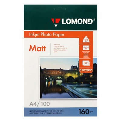 Фотобумага для струйной печати А4, 100 листов LOMOND, 160 г/м2, односторонняя, матовая