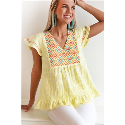 Yellow Geometric Embroidery Textured Top with Ruffles