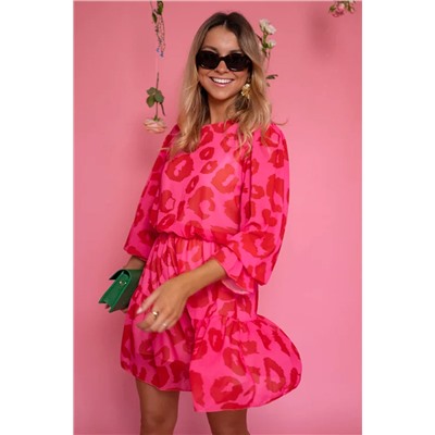 Розовое леопардовое платье-мини с объемным рукавом