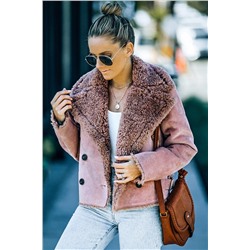 Pink Plush Lining Suede Cropped Double Breasted Coat