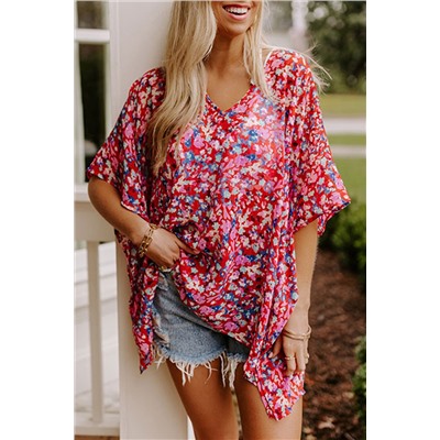 Red Abstract Floral Print Oversize Tunic Top