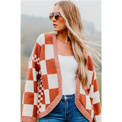 Chestnut Mix Checkered Open Front Knit Cardigan