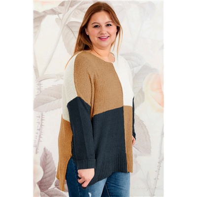 Blue Color Block Side Slit Plus Size Sweater