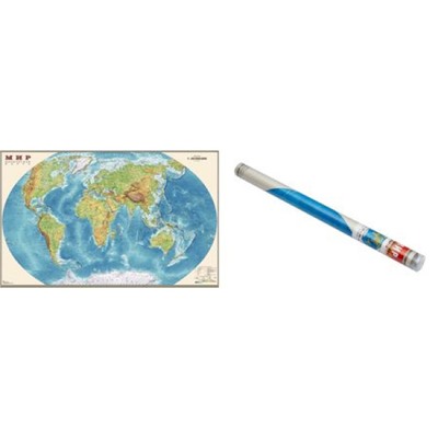 Карта МИРА физическая 90х58 см 1:35М в прозрачном пластиковом тубусе ОСН1234492 Ди Эм Би