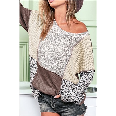 Leopard Colorblock Textured Knit Patchwork Top