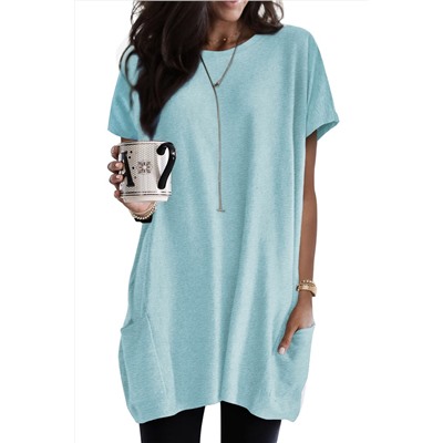 Light Blue Side Pockets Short Sleeve Tunic Top