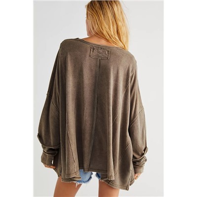 Brown Exposed Seam Thumbhole Drop Shoulder Loose Sweatshirt