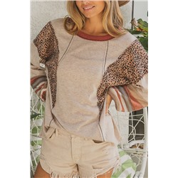 Khaki Leopard Serape Patchwork Exposed Stitching Pullover Top