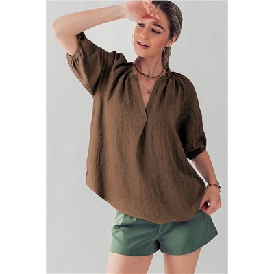 Chicory Coffee Frill Split Neck Puff Sleeve Crinkle Blouse