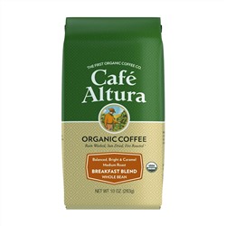 Cafe Altura, Organic Coffee, Breakfast Blend, Medium Roast, Whole Bean, 10 oz (283 g)