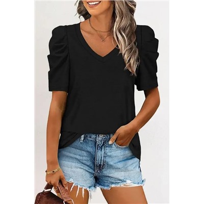 Black Puff Sleeve V-Neck T-Shirt