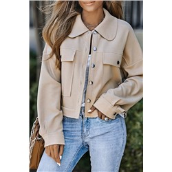 Khaki Waffle Knit Buttons Cropped Jacket with Pockets