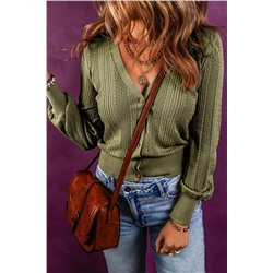 Spinach Green V Neck Buttoned Textured Sweater Cardigan