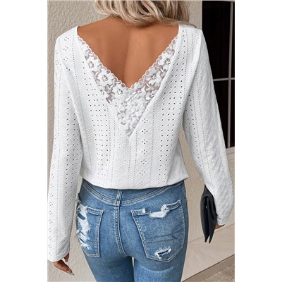 White Floral Lace Splicing Eyelet Long Sleeve Top