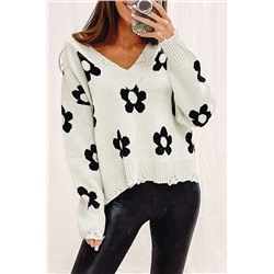 Beige Floret Knitted V Neck Distressed Sweater