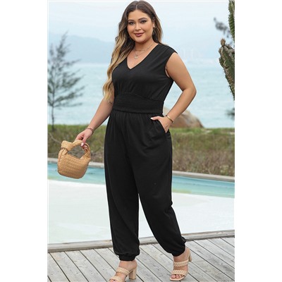 Black Plus Smocked High Waist Sleeveless V Neck Jumpsuit