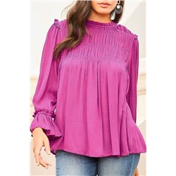 Bright Pink Shirred Button Keyhole Back Flounce Sleeve Blouse