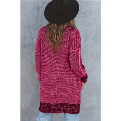 Rose Plaid Knitted Long Open Front Cardigan