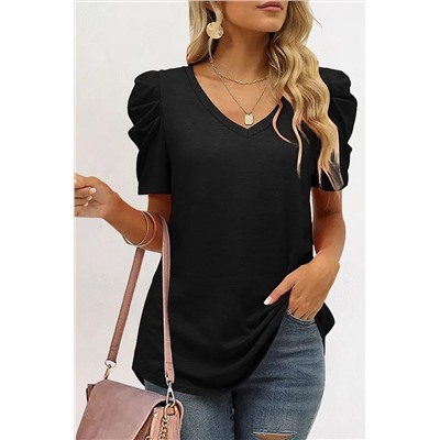 Black Puff Sleeve V-Neck T-Shirt