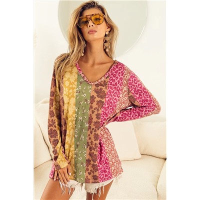 Multicolor Floral Leopard Mixed Print V Neck Long Sleeve Tee