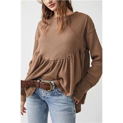 Brown Solid Color Ribbed Long Sleeve Peplum Blouse