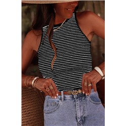 Black Striped Print Ribbed Knit Sleeveless Top