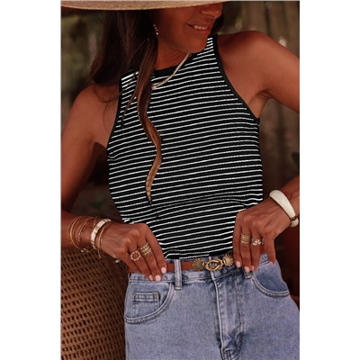 Black Striped Print Ribbed Knit Sleeveless Top