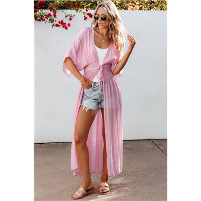 Light Pink Lace Splicing Open Front Maxi Kimono