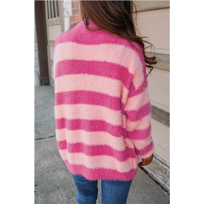 Strawberry Pink Colorblock Striped Buttoned Fuzzy Cardigan