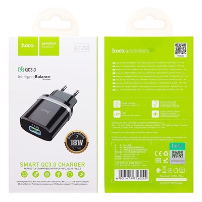 Адаптер Сетевой Hoco C12Q QC3.0 USB 3A/18W (black)