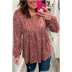 Leopard Print Long Sleeve Ruffled Babydoll Plus Size Blouse