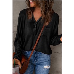 Black Ribbed Patch Pocket Button Split Neck Top