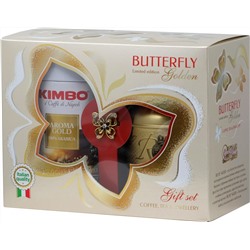 Kimbo. Новый год. Butterfly. Подарочный набор Кофе (Молотый) + Чай (Кенийский) + Брошь 350 гр. карт.упаковка