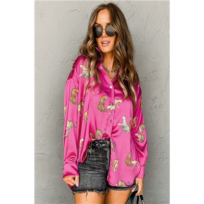 Rose Cheetah Animal Print Button Up Satin Shirt