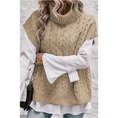 Light French Beige Cable Knit Turtleneck Batwing Sleeve Sweater