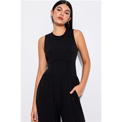 Black Cinched Waist Sleeveless Wide Leg Jumpsuit