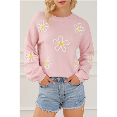 Pink Chenille Daisy Stitching Crew Neck Sweater