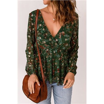 Green Floral Print Wrap V Neck Peplum Top