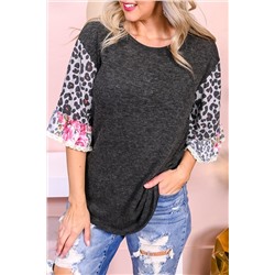 Black Ruffle Bell Sleeve Leopard Floral Patchwork Top