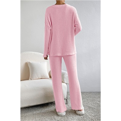 Light Pink Ribbed Knit V Neck Slouchy Two-piece Outfit