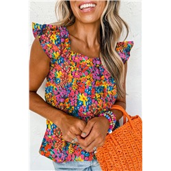 Multicolour Floral Print Cap Sleeve Square Neck Back Knot Blouse