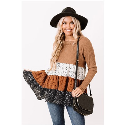 Brown Ribbed Long Sleeve Dotted Tiered Ruffled Flowy Top