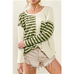 Khaki Striped Patch Textured Fabric Long Sleeve Top