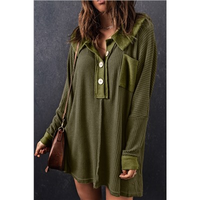 Green Waffle Knit Buttoned Long Sleeve Top