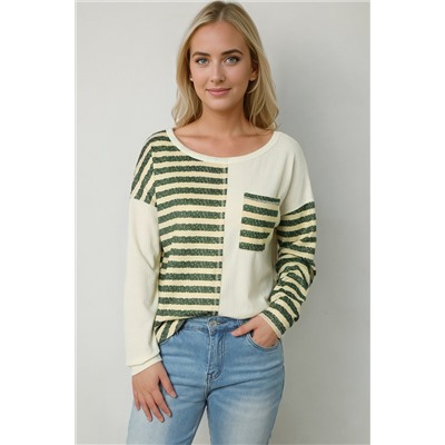 Khaki Striped Patch Textured Fabric Long Sleeve Top