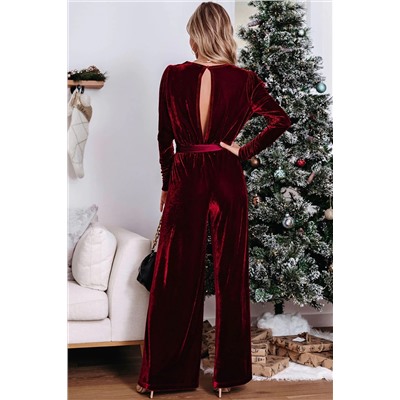 Fiery Red Velvet Pocketed Cut out Back Wide Leg Jumpsuit