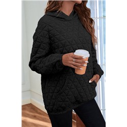 Black Solid Color Quilted Kangaroo Pocket Hoodie